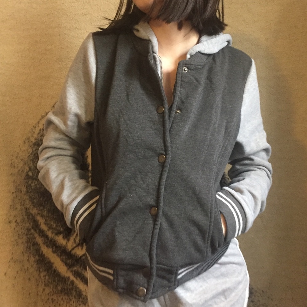 Deb letterman varsity gray jacket small with hood
